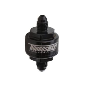Turbosmart Billet Turbo Oil Feed Filter with 44 micron pleated disk stainless steel washable screen filter.  AN-3 male inlet and outlet - Black