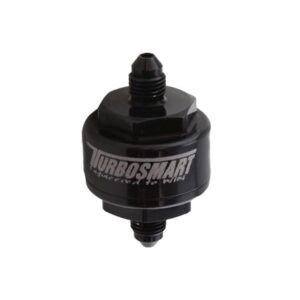 Turbosmart Billet Turbo Oil Feed Filter with 44 micron pleated disk stainless steel washable screen filter.  AN-4 male inlet and outlet - Black