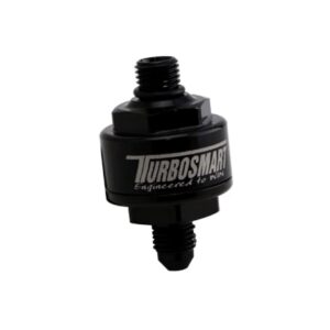 Turbosmart Billet Turbo Oil Feed Filter with 44 micron pleated disk stainless steel washable screen filter.  AN-4 male to AN-4 ORB- Black